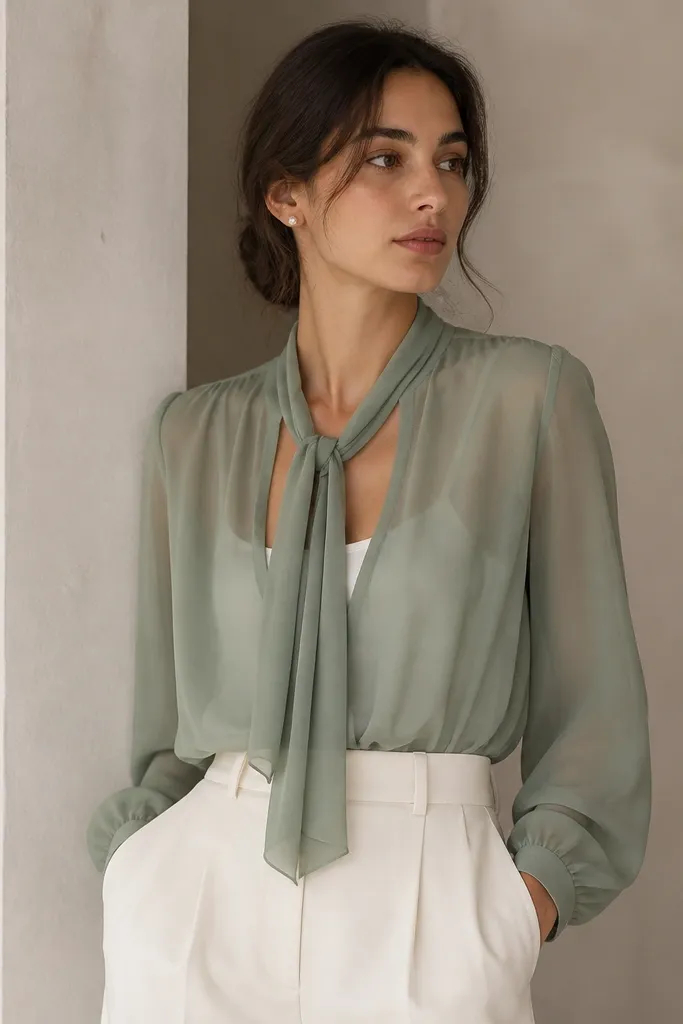 A sage green semi-sheer chiffon blouse with long sleeves and a tie-neck. Under it, a white structured camisole is visible at the neckline. The model wears high-waist cream trousers and pearl studs.