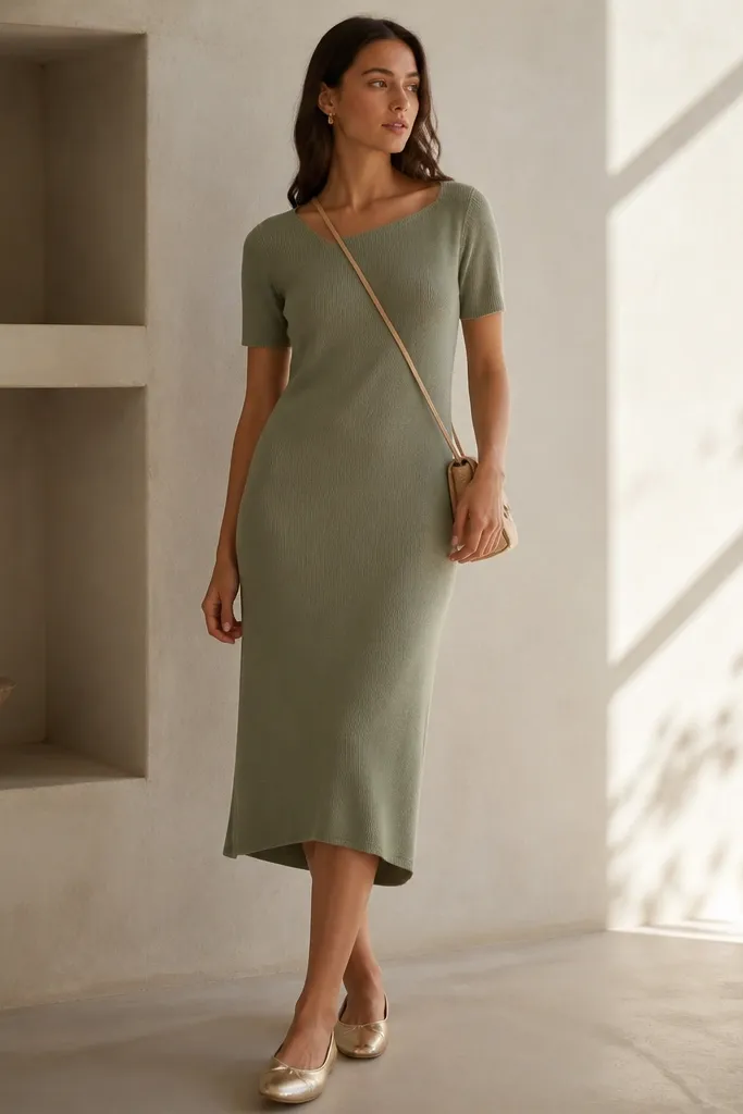 A sage green knit midi dress with a subtle high-low neckline detail at the front and short sleeves. The model wears metallic gold flats and a slim crossbody bag.