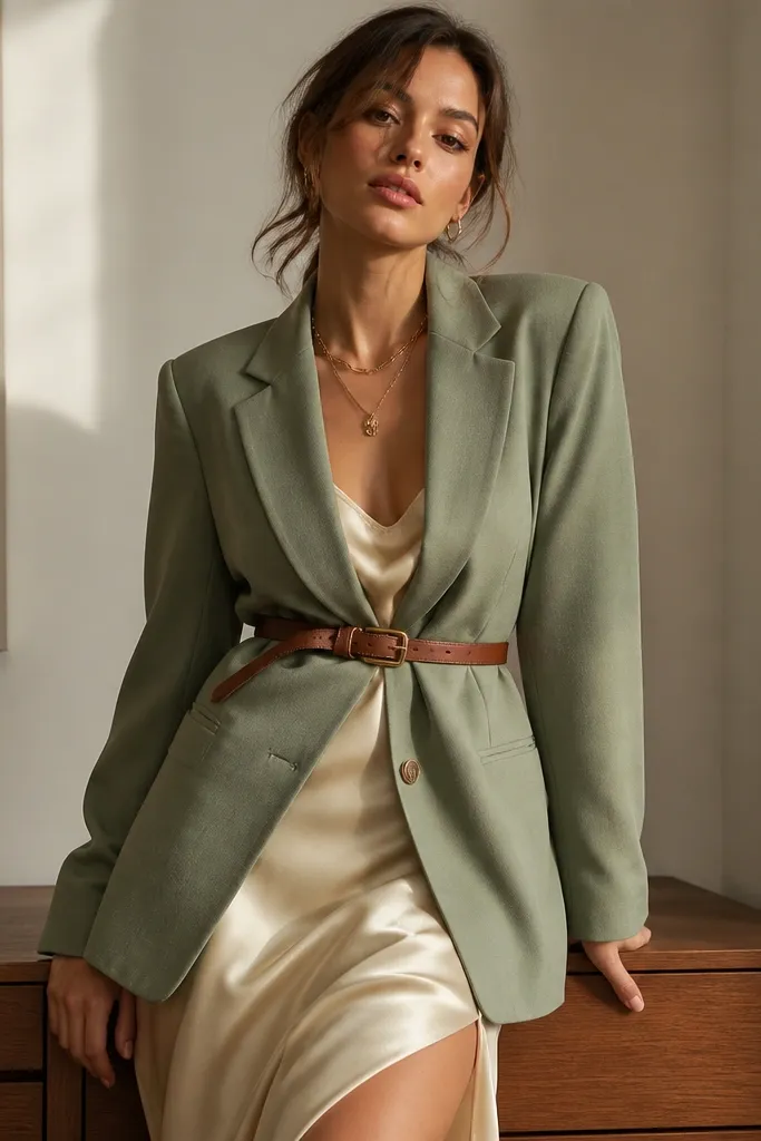 A sage green tailored blazer layered over a cream satin slip dress. The model wears a belt at the blazer waist and gold necklaces stacked lightly.