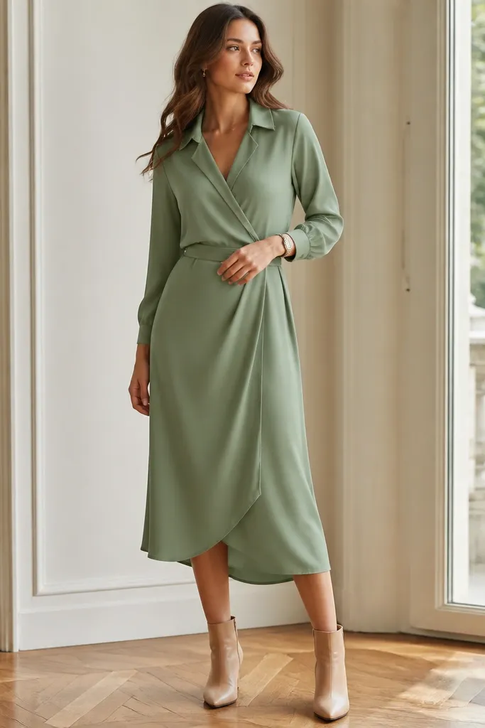 A sage green wrap shirt dress with long sleeves, a collar, and a belt that secures with a fabric loop. The model wears nude ankle boots and a small gold watch.