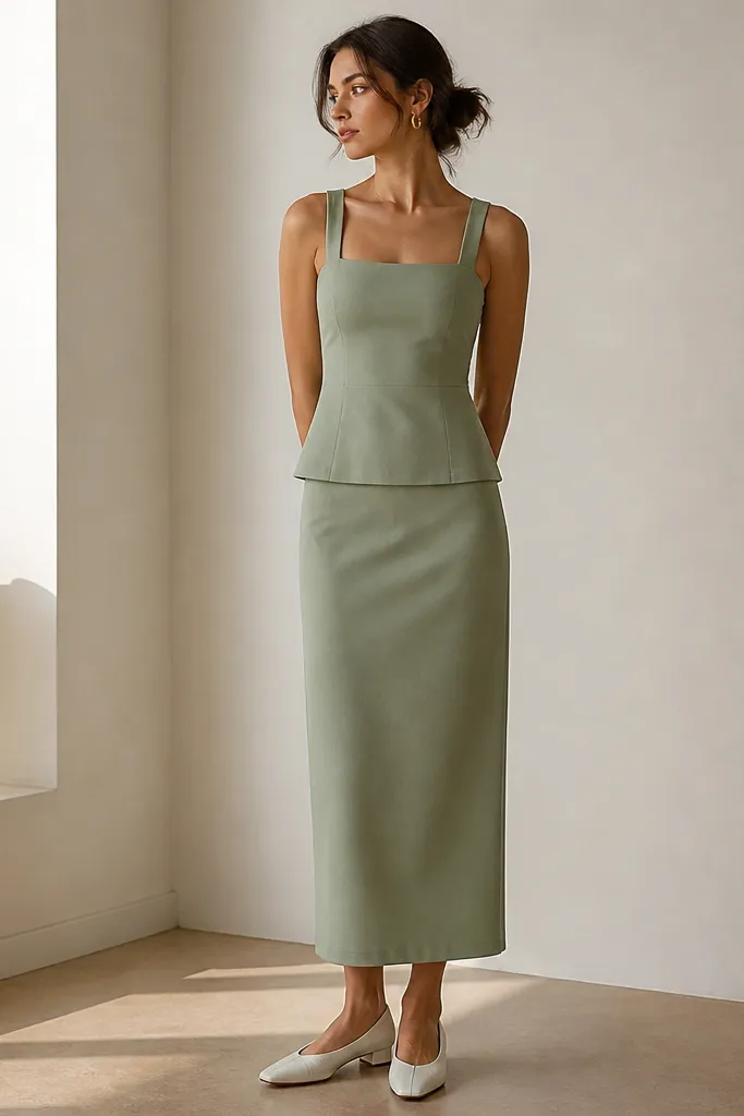 A sage green matching set: a sleeveless top with a square neckline and a straight skirt with a hidden zipper. The model wears white low heels and gold hoop earrings.