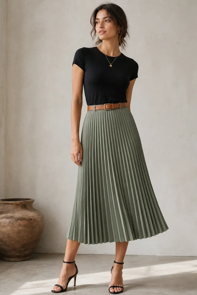 A sage green pleated midi skirt with soft accordion pleats and a fitted black short-sleeve tee. The model wears a tan belt, gold necklace, and black strappy heels.