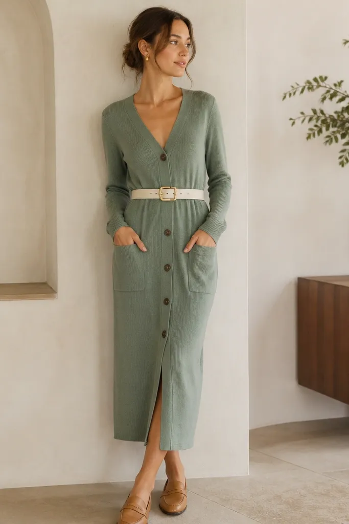 A sage green cardigan-style dress with front buttons, long sleeves, and visible side pockets. The model wears a cream belt and tan loafers.