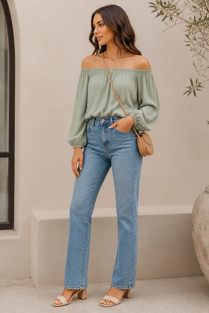 A sage off-the-shoulder top with elastic neckline, paired with high-waist medium-wash jeans. The model wears a tan crossbody and cream heeled sandals.