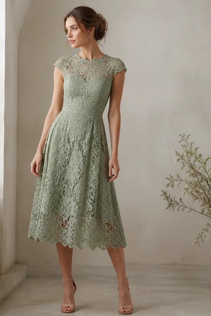 A sage green lace midi dress with scalloped lace edges and a full lining that ends at the knee. The model wears nude heels and a soft updo.