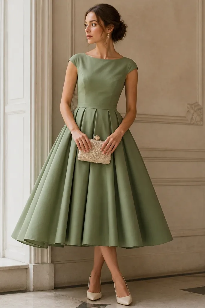 A sage green tea-length dress with cap sleeves, a fitted bodice, and a full skirt that spreads slightly. The model wears cream heels and a vintage-style clutch.