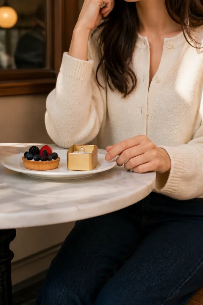 A woman in a cream cardigan and straight-leg dark blue jeans sits at a small table. A white dessert plate holds a single berry tart and a small gold ring box centered on the plate. In the background, warm cafe lighting creates soft shadows on their hands.