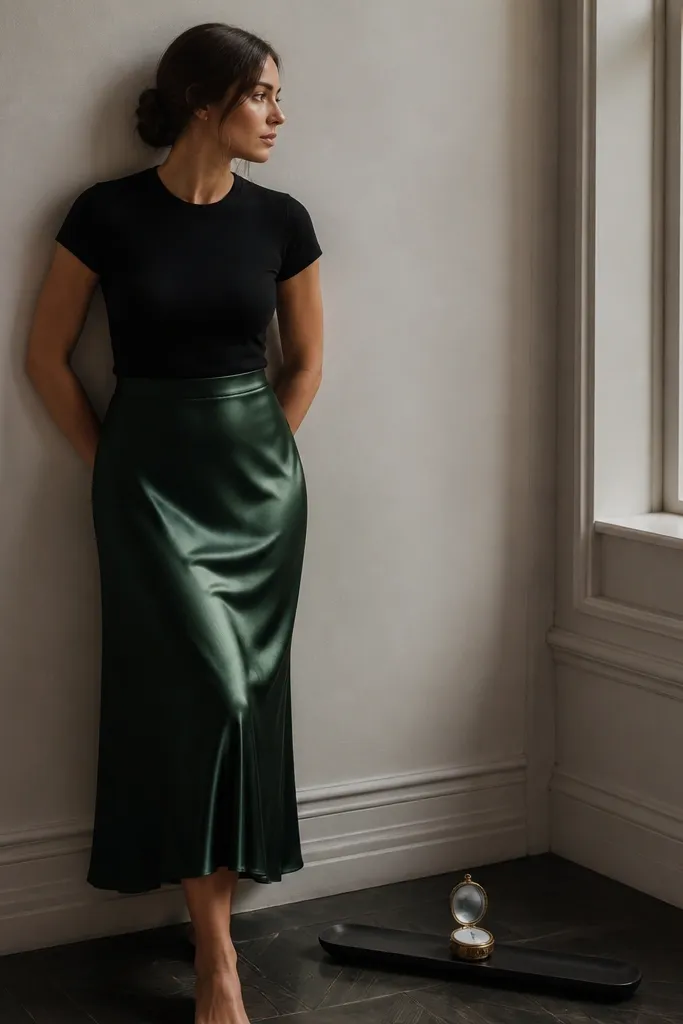 A woman stands near a window wearing a deep green satin midi skirt and a simple black fitted top. Her hair is in a low bun. A small ring box is styled like a pocket-watch on a narrow black tray on the floor, with soft daylight catching the satin sheen.