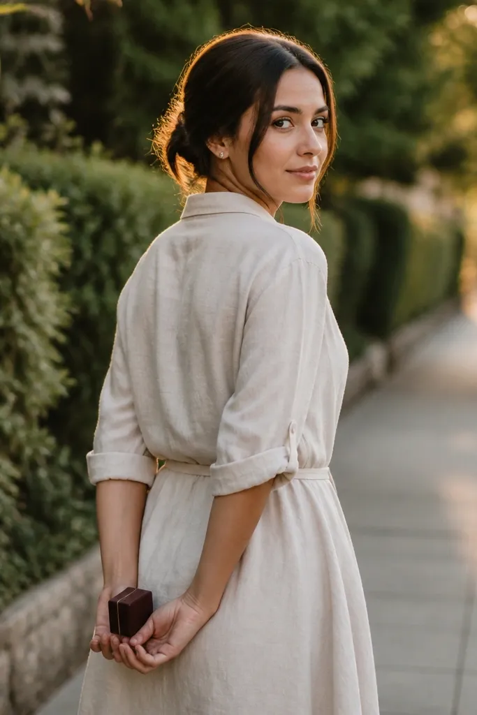 A woman in a light linen shirt dress stands on a quiet sidewalk at golden hour. Her hands are empty except for a small ring box held behind her back. The background is blurred greenery and soft sunlight.