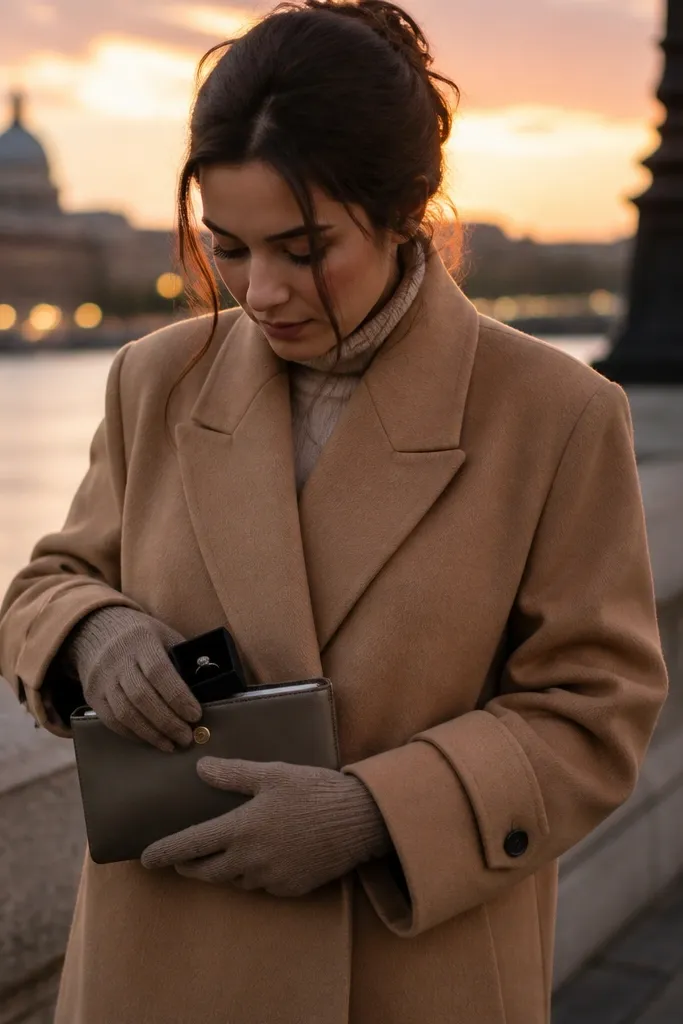 A person in a camel overcoat and taupe knit gloves stands outside at dusk. A small clutch is held in front, and the ring box is tucked inside the clutch pocket. The lighting is warm, and the coat fabric looks thick and clean.