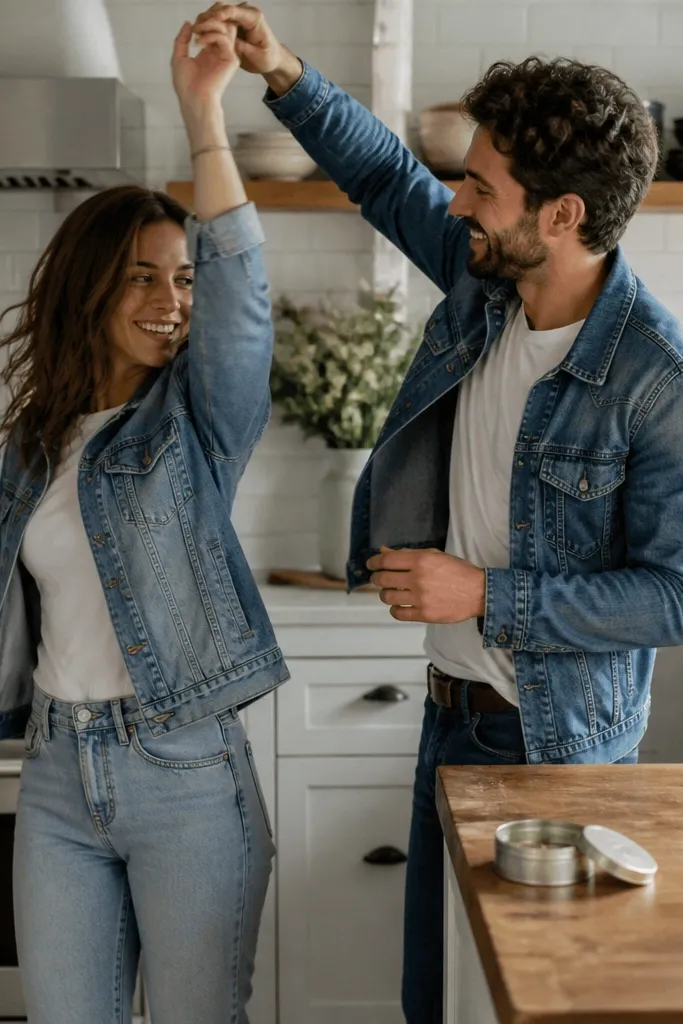 A couple in denim jacket and jeans stands in a kitchen. A white t-shirt is visible under the jacket. The ring box is hidden in a small tin on the counter. Their hands are mid-motion as if dancing.