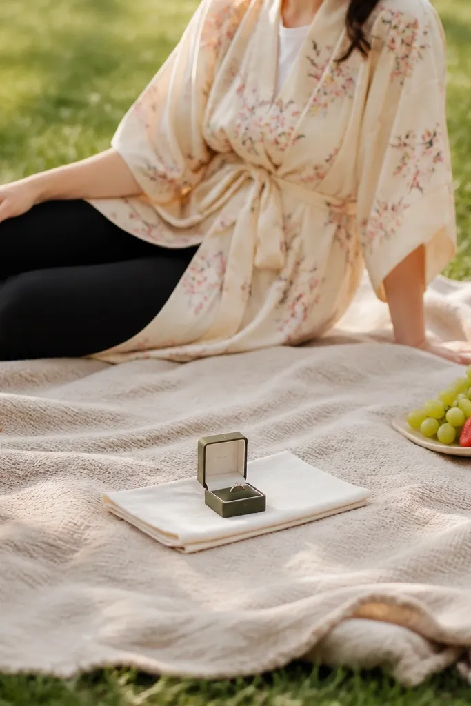 A person wears a kimono-style wrap with a subtle floral pattern over black leggings. A picnic blanket is laid on grass. A small ring box sits on a folded napkin at the center of the blanket.