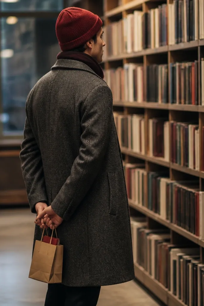 A person in a grey wool coat stands in a bookstore aisle. A red knit beanie adds a pop of color. The ring box is in a small paper gift bag held behind their back, with book spines forming a neat background.