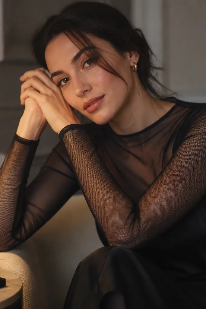 A person wears a black mesh top layered over a satin camisole. Warm lamp light lights their face and hands. A small ring box rests on a side table next to a single glass of sparkling water.
