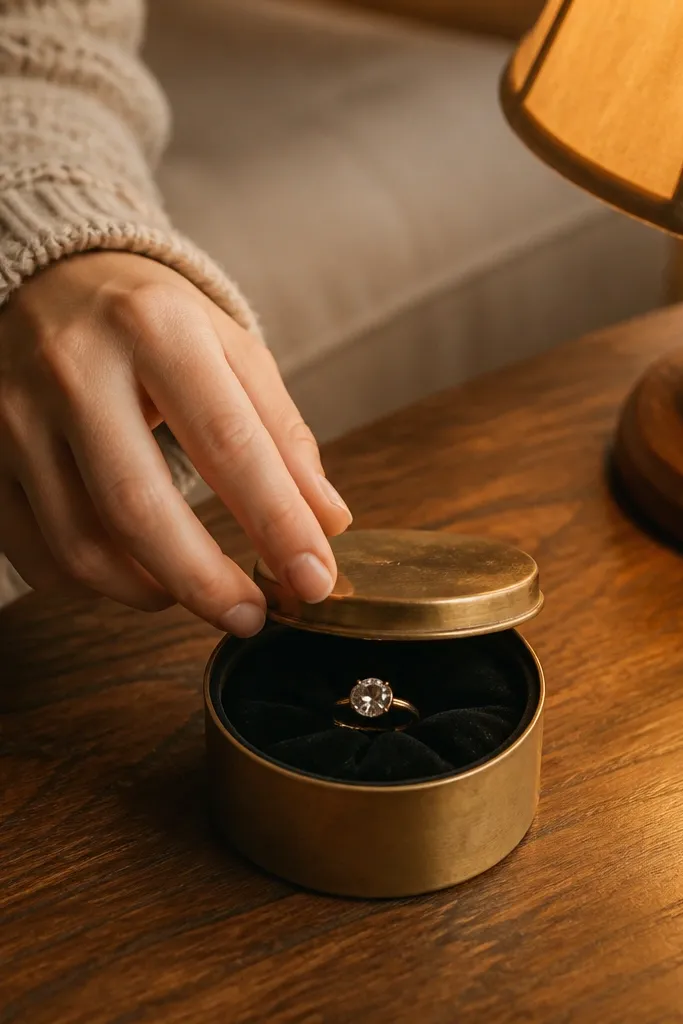 A close-up of an oatmeal knit cardigan sleeve pulled slightly back, a small round brass sewing tin resting on a wooden coffee table, and a warm lamp casting amber light. The ring sits inside the tin on a folded piece of black velvet, with the person's fingers hovering near the lid as if about to open it.
