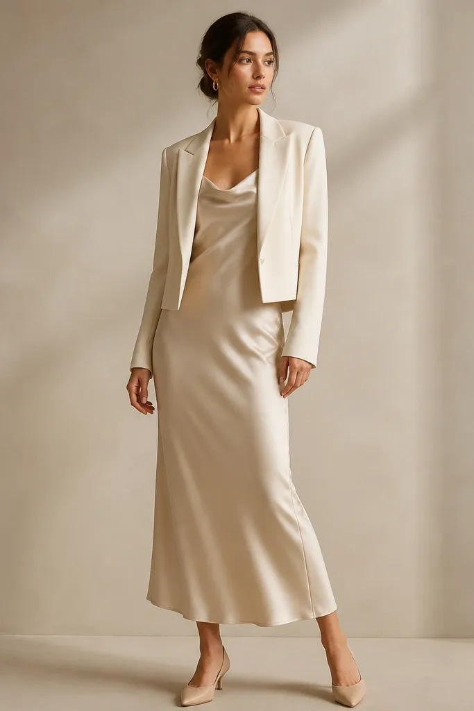 A champagne satin slip dress with a modest cowl neckline paired with a cropped cream blazer; the blazer has clean lapels and structured shoulders. The image shows the outfit on a neutral studio background with soft warm lighting, plus simple gold hoop earrings and nude low-heel pumps.
