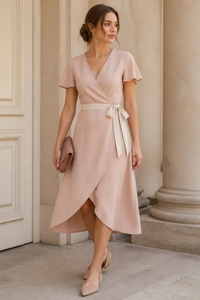 A blush wrap dress with short sleeves and a softly gathered waist tie; the fabric looks matte and smooth. The photo includes a cream belt detail tied at the side, nude flats, and a small clutch in dusty rose.