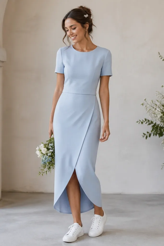 A powder blue top and a wrap skirt set; the top has short sleeves and a fitted waist seam, and the skirt overlaps at the front. The photo includes white sneakers styled like wedding casual, plus a small silver hair clip.