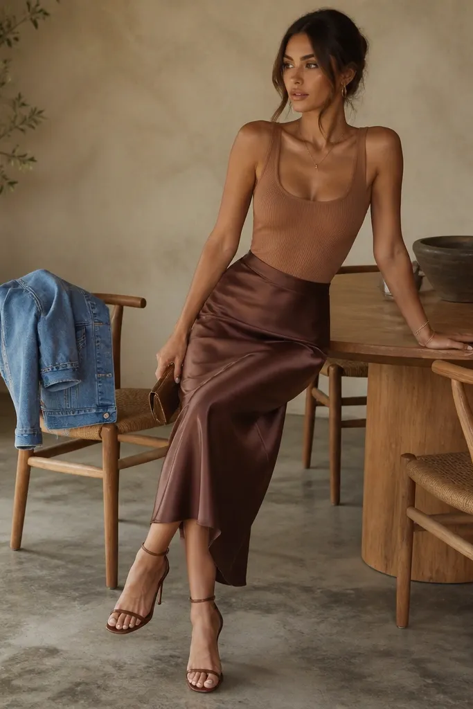 A rosewood satin midi skirt with a smooth drape and subtle sheen, paired with a fitted ribbed bodysuit in warm nude. The image shows a cropped denim jacket tossed over one chair, plus heeled sandals and a small clutch.