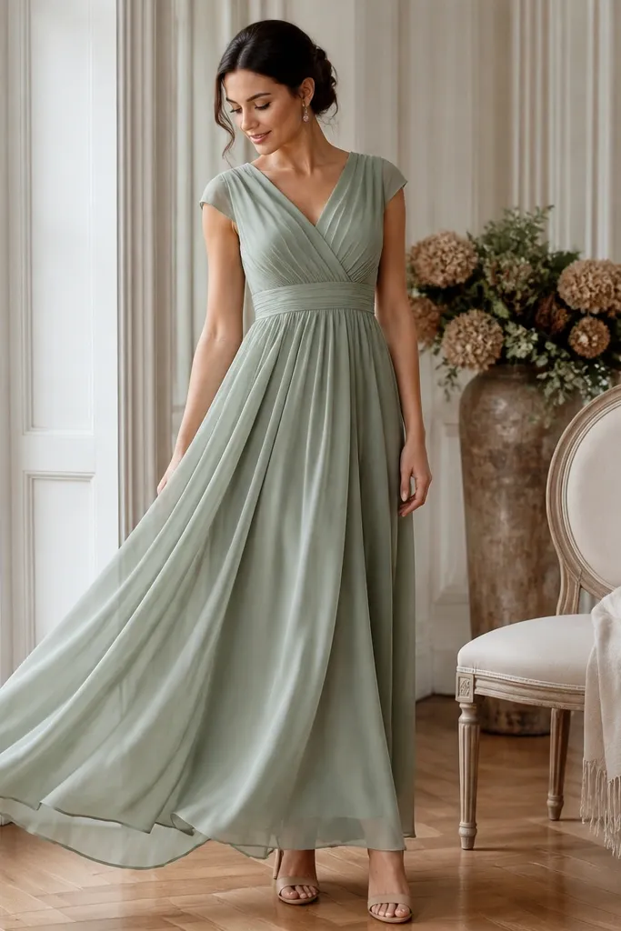 A sage green chiffon maxi dress with a flowing skirt and a simple bodice; the waist looks gathered smoothly. The photo shows a soft wrap-like neckline and nude heels, with a light shawl folded on a chair.
