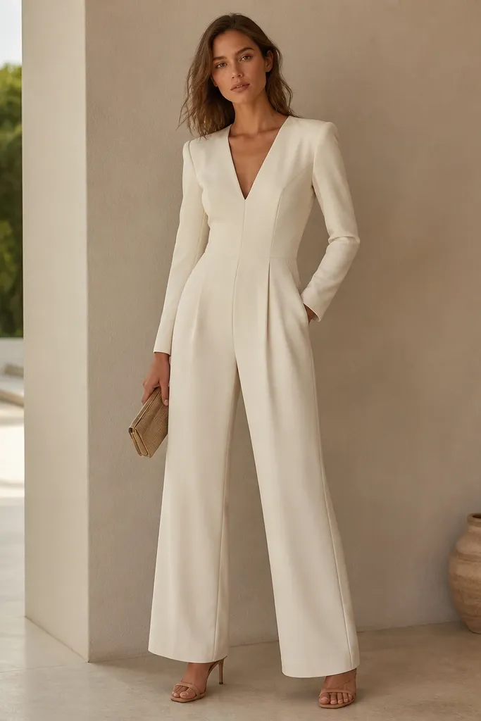 A cream tailored jumpsuit with a defined waist seam and wide-leg trousers; the neckline is V with a clean finish. The image shows a beltless look with a structured jacket sleeve, paired with tan heeled sandals and a small clutch.