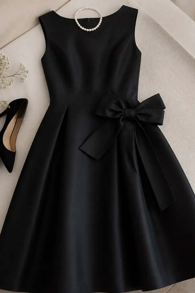 A black taffeta midi dress with a structured skirt and a removable bow belt attached near the waist. The photo shows the bow belt lying on the dress when not worn, and includes black pointed heels and a short pearl necklace.