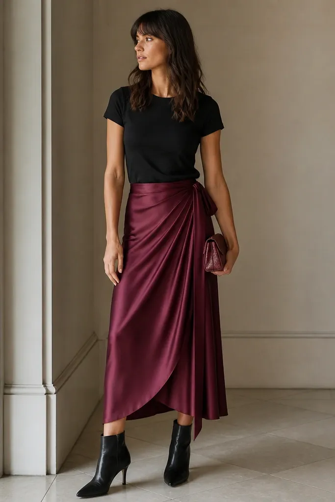 A deep burgundy satin wrap skirt with a smooth drape paired with a black fitted tee tucked in; the outfit looks polished but relaxed. The photo includes black ankle boots and a small burgundy clutch.