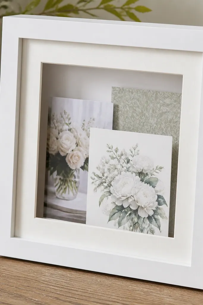 A white-painted shadowbox frame with a hinged back. Inside, a thick ivory mat board creates an open window. Cards sit upright behind the clear front, with a small spacer strip at the bottom.