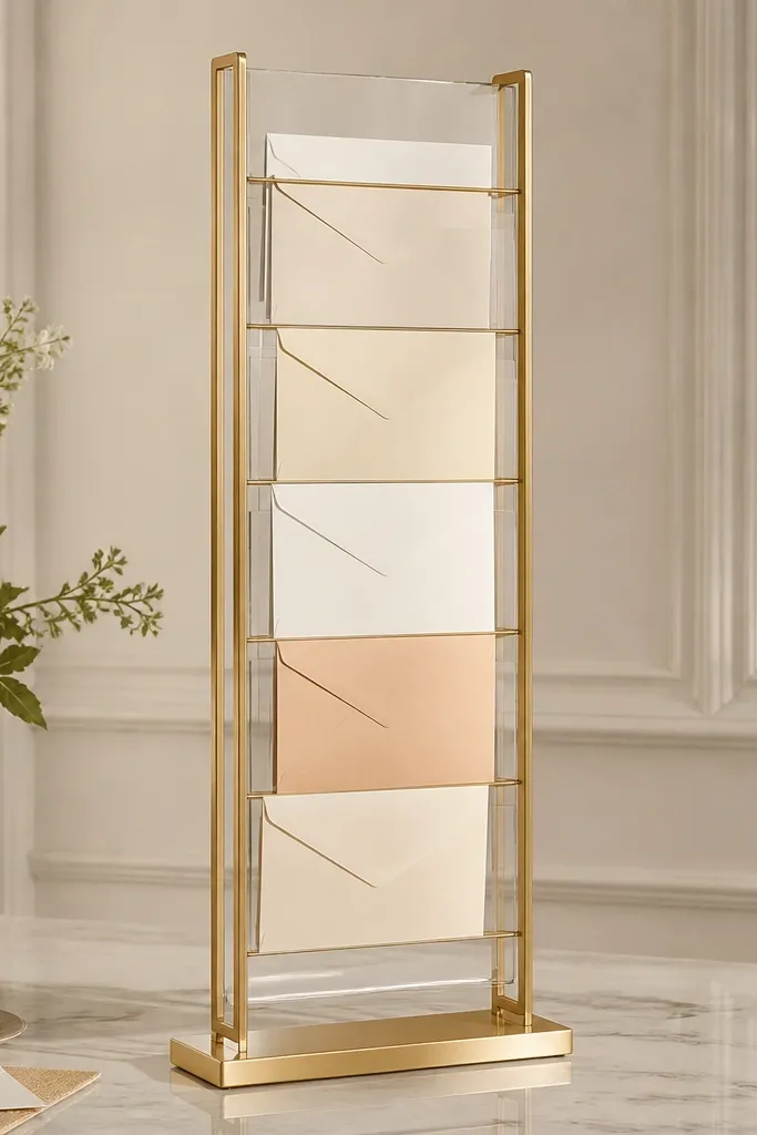 A tall gold metal frame holding clear vertical sleeves. Envelopes slide into the sleeves from the top, and each sleeve has a thin gold divider.