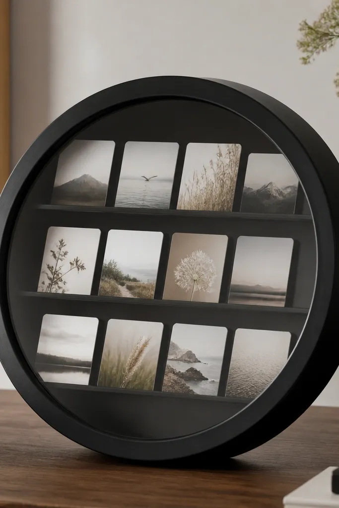 A round black frame on a table. Inside are small angled stands that hold cards upright, visible through a clear front. Cards fan slightly toward the viewer.