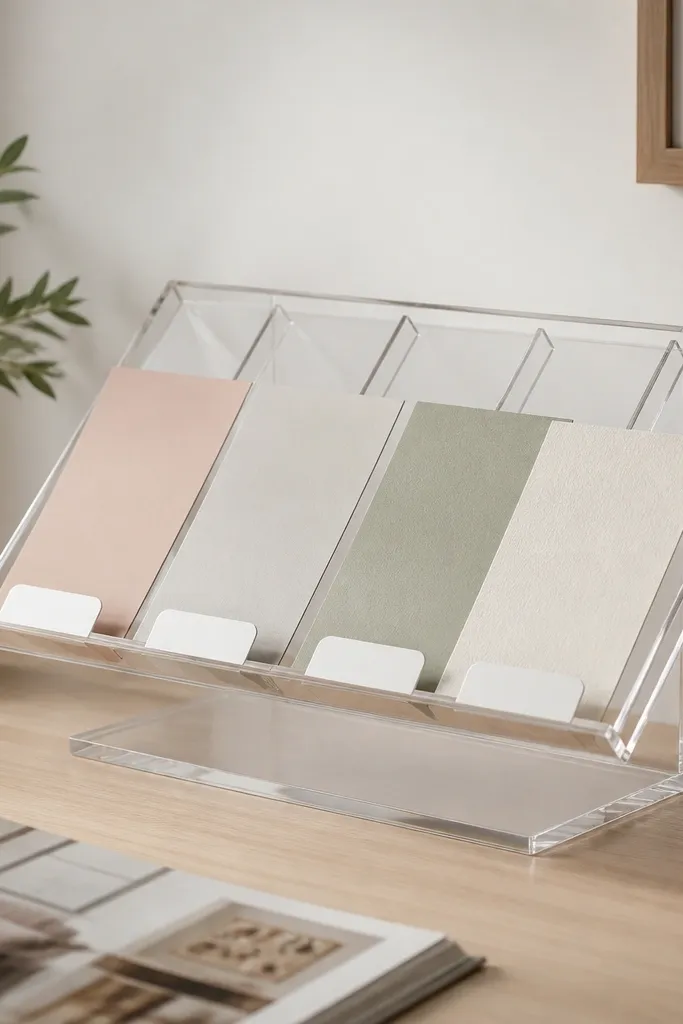 A clear acrylic tray on a stand with a lip. Cards slide into shallow channels, and small white label tabs sit at the bottom edge.