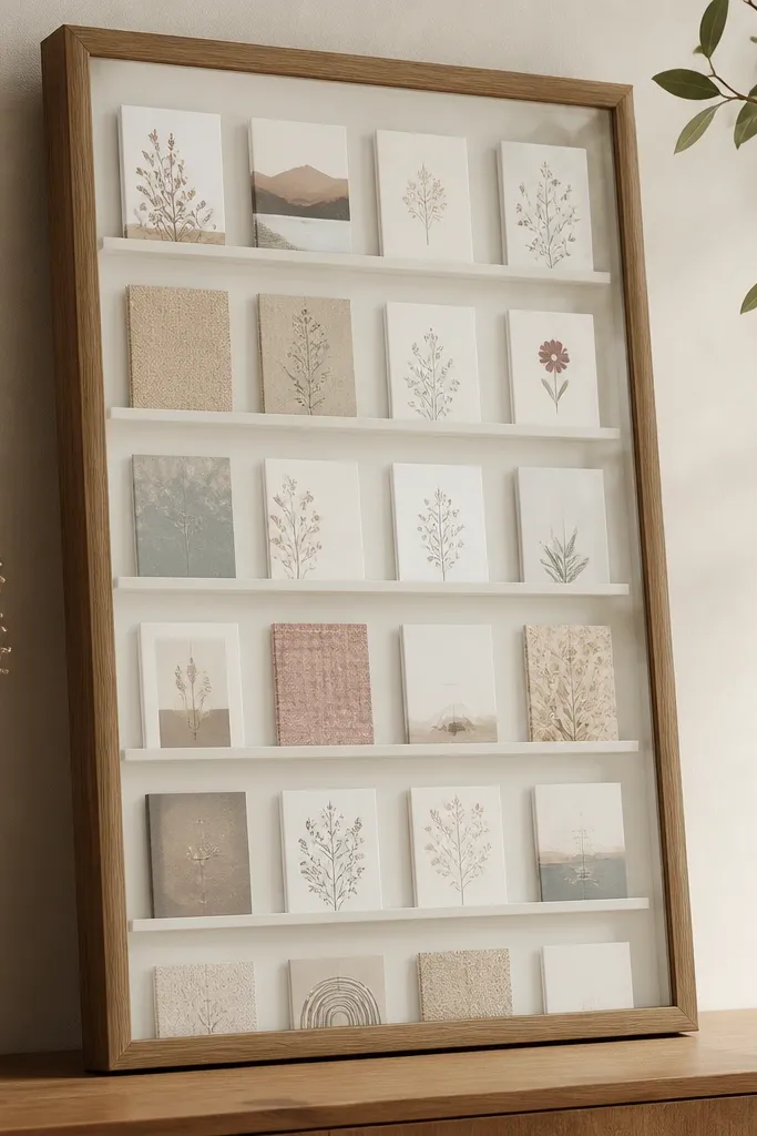 A large standing picture frame with glass front. Cards are inserted from the top into a tunnel made with foam spacers, creating visible rows.