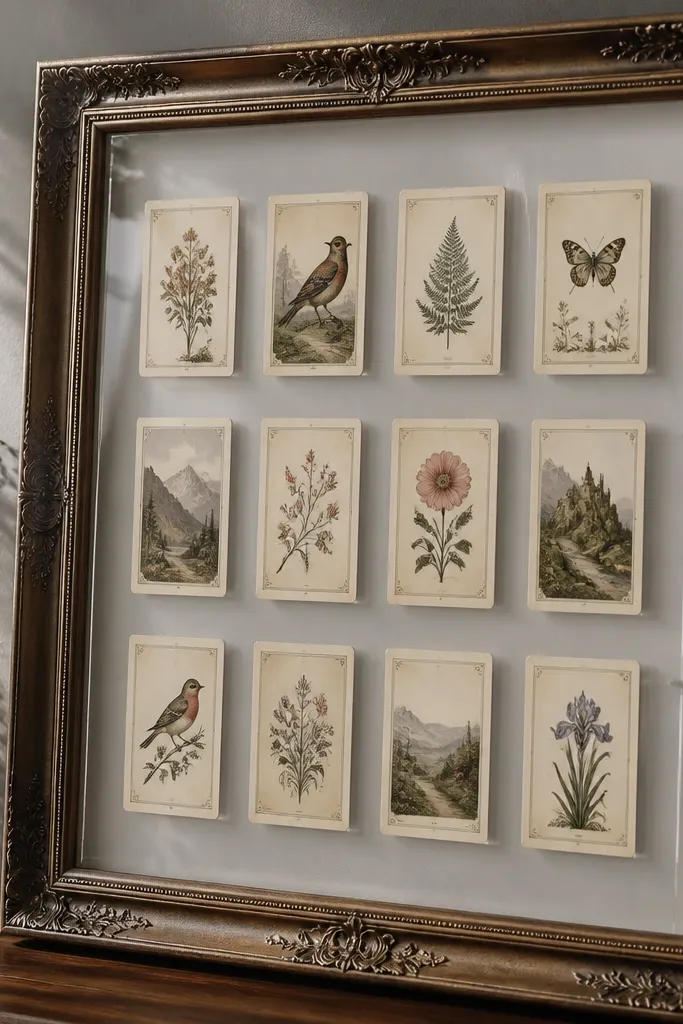 A large ornate frame with glass. Cards sit upright on a stand-off backing made from thin acrylic strips, with no visible tape or adhesive.