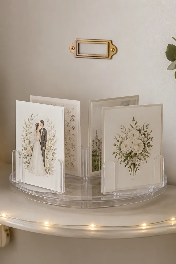 A cream-painted wall shelf holding a small clear acrylic lazy Susan turntable. Four curved acrylic card holders ring the outside, each holding a wedding card upright. Soft warm string lights trace the shelf edge, and a small brass label plate sits at eye level.