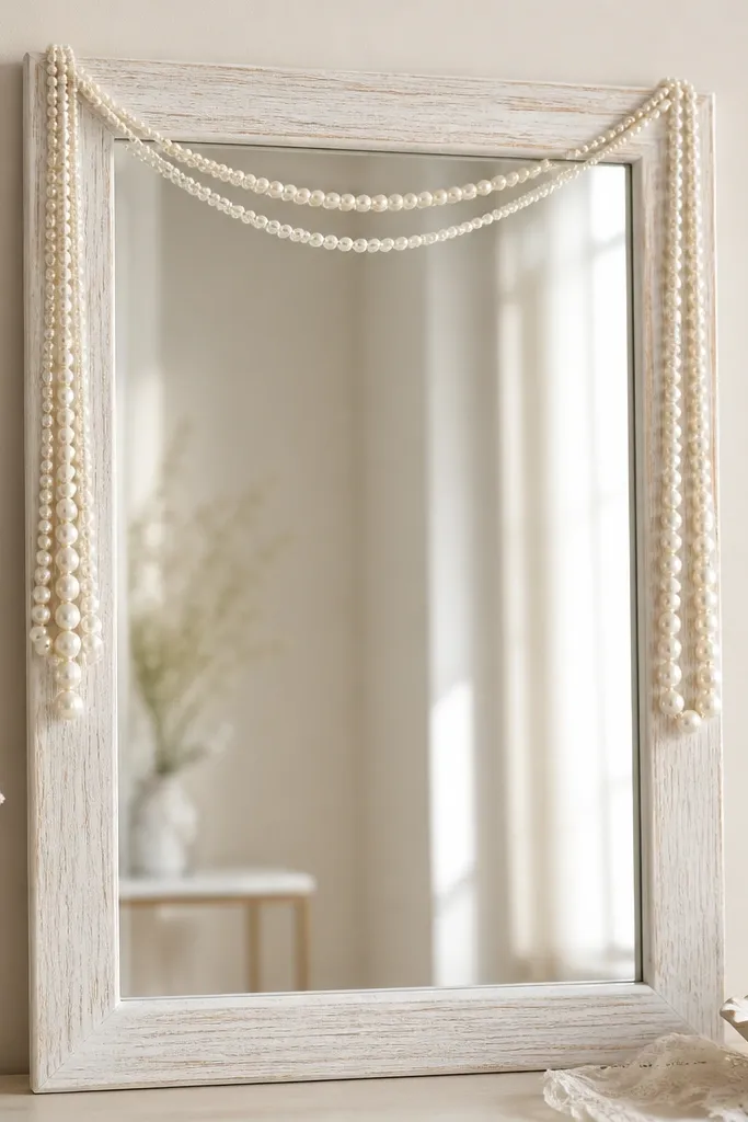 A rectangular mirror with a whitewashed wood frame. Two vertical ivory pearl strands hang from the top corners, tapering slightly toward the bottom. A small pearl beaded garland loops across the upper edge, with a few strands stopping just below mid-mirror.