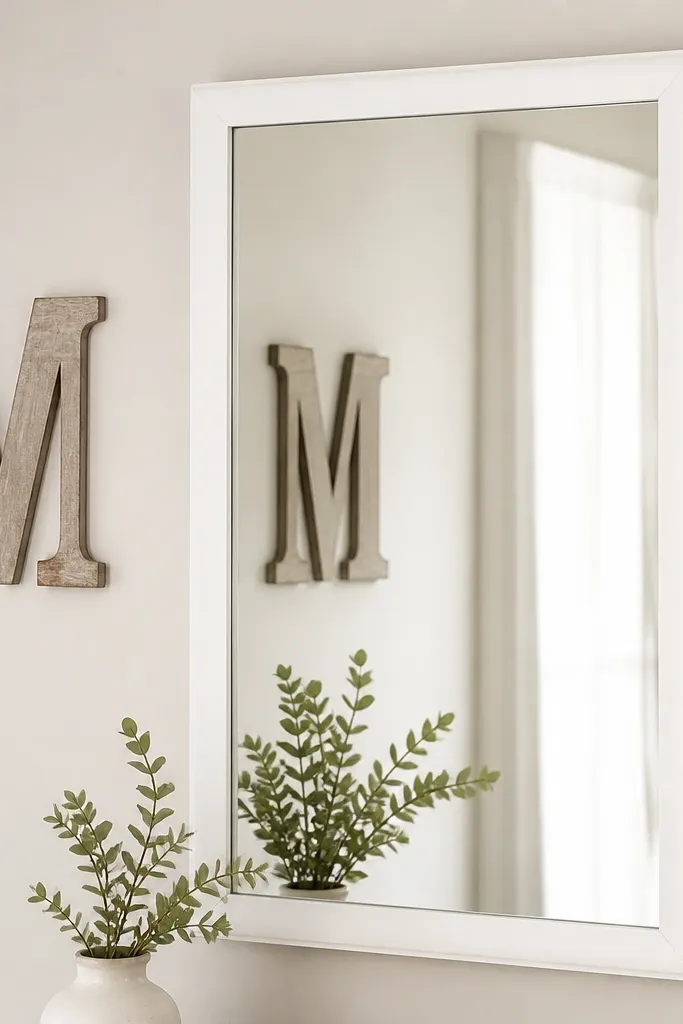 A rectangular mirror with a white frame. On the left side of the mirror, a faux wood cutout monogram letter is mounted slightly above mid-height. The mirror reflects the letter and a small sprig of greenery tucked near the bottom.