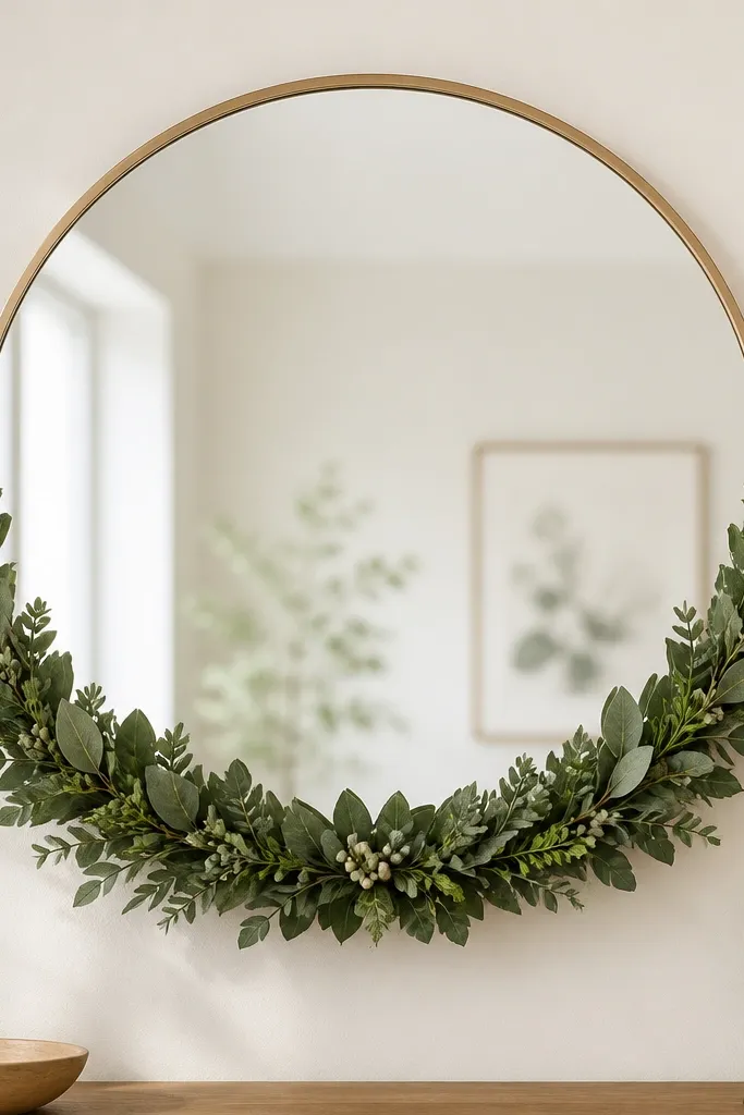A large round mirror with a simple frame. Along the bottom edge of the mirror frame, a matte faux green wreath strip is attached, with small leaves and a few matte berries. The top half of the mirror stays bare.