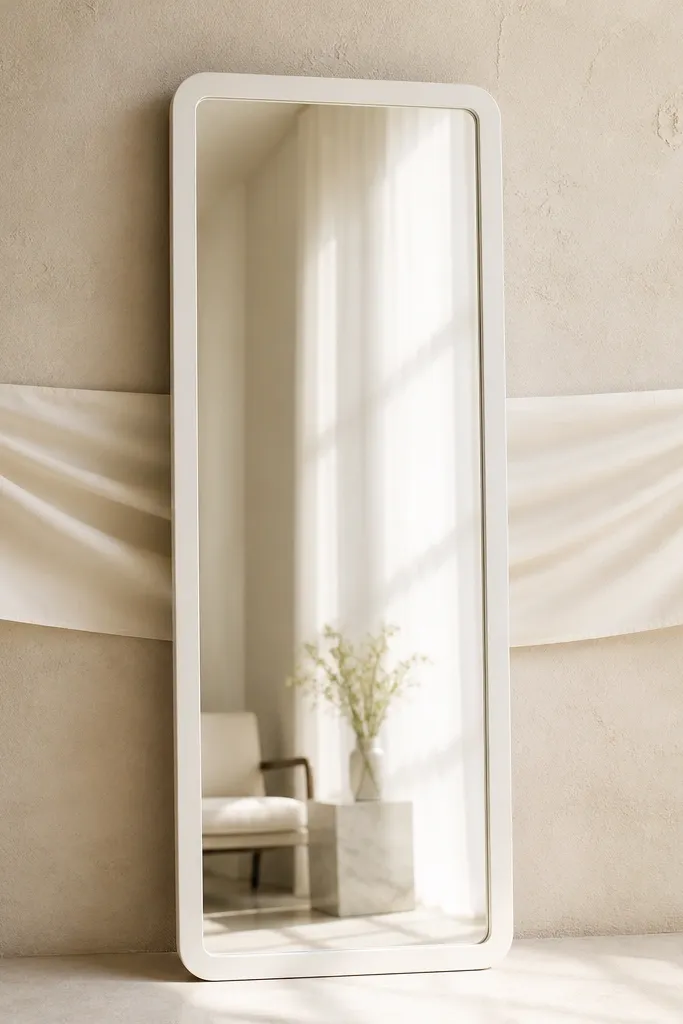 A tall mirror with a white frame. Behind the mirror, soft ivory fabric is draped horizontally like a sash, with gentle folds. The fabric edges are pinned or clipped to the frame so the drape stays even.