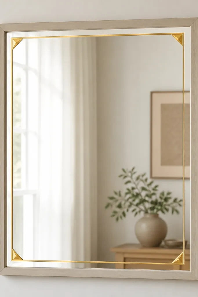 A rectangular mirror with a pale frame. Around the inner edge of the mirror, a thin outline of gold leaf tape forms a crisp border. Small gold leaf tape triangles sit at the corners, with the rest of the mirror bare.