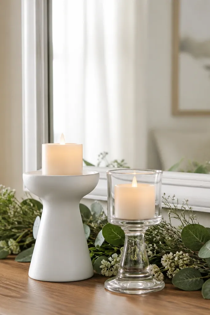 A mirror with a white frame behind a table. On the table are two different candle holders - one matte white and one clear - each holding a warm LED candle. A single faux garland runs behind them, mostly green with tiny white flowers.
