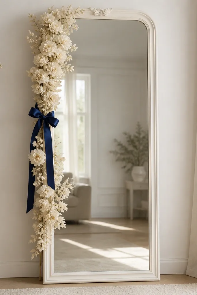 A tall mirror with an ivory frame. On the left side, ivory faux florals cluster around a navy satin ribbon tied in a bow. The right side of the mirror frame stays mostly bare, keeping the reflection clean.