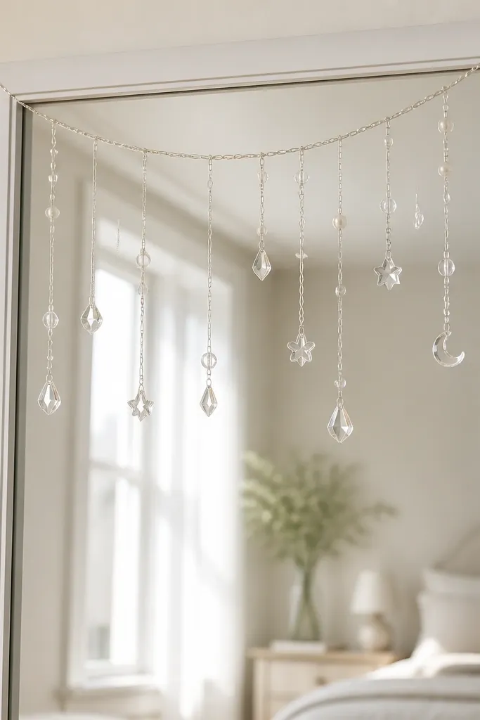 A rectangular mirror with a white frame. A thin garland hangs from the top edge, made of small clear acrylic charms and a few pearl beads. The charms catch light and dangle lightly in front of the mirror reflection without touching the glass.