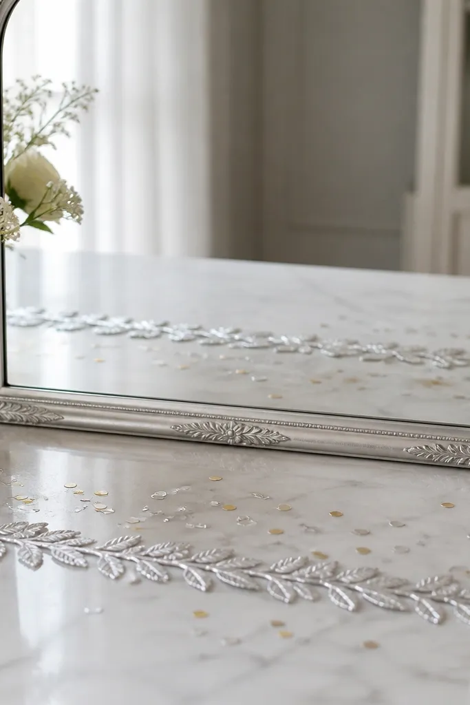 A mirror with a decorative silver frame. On the table in front, a silver leaf confetti tape strip runs horizontally, with small scattered gold-silver dots. The mirror reflects the strip, making it look like a longer runner.
