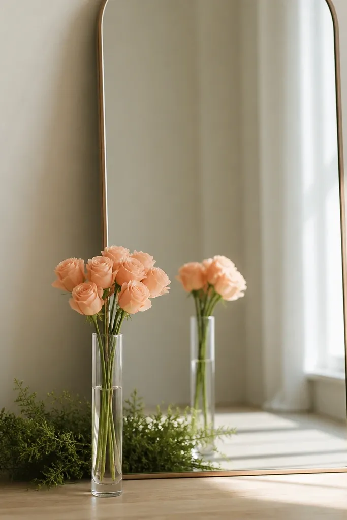 A leaning mirror with a simple frame. At the base, a slim clear glass tube vase holds a tight peach rosebud cluster. The mirror reflects the tube and adds extra depth, with a small strip of greenery tucked behind the vase.