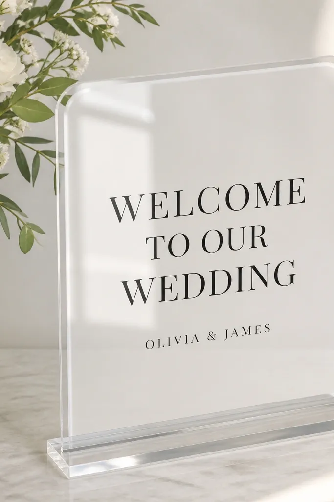 A clear acrylic sign held in a transparent tabletop frame. The background is white, with black serif text reading WELCOME TO OUR WEDDING and smaller names underneath. The corners look polished, and the sign sits on a clear acrylic base.