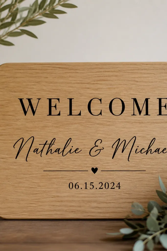 A light oak wood plaque with rounded corners and a natural grain. Black vinyl lettering reads WELCOME, with two lines for the names and a date. The plaque has a subtle satin seal so the surface looks smooth.