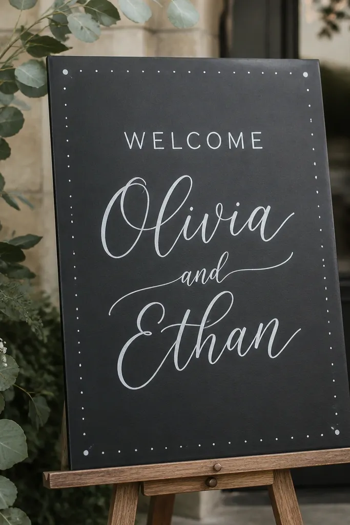 A dark slate board with a matte finish. White chalk marker text reads WELCOME and includes the couple's names in a hand-lettered style. Small decorative dots sit around the border.
