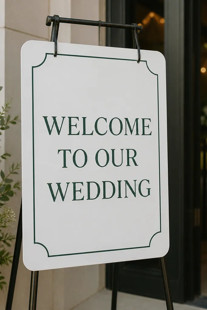 A white corrugated plastic sign with rounded corners. Dark green vinyl text reads WELCOME TO OUR WEDDING with a simple line border. The sign hangs on a stand near the entrance.