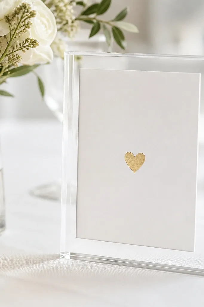 A clear acrylic stand with a white insert held by a magnetic backing. The welcome text is printed cleanly with a small gold foil heart icon. The stand is placed on a white tablecloth.