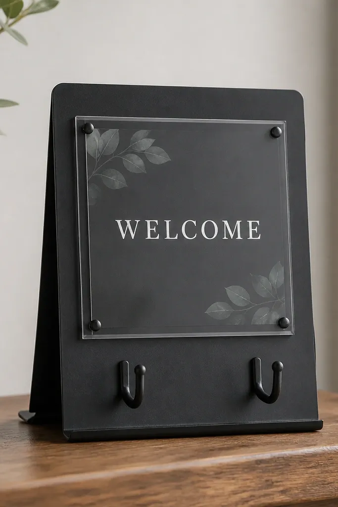 A small, freestanding signboard with a dark finish and two hooks. A printed welcome panel is mounted behind a clear protective cover, and the text reads WELCOME in white.